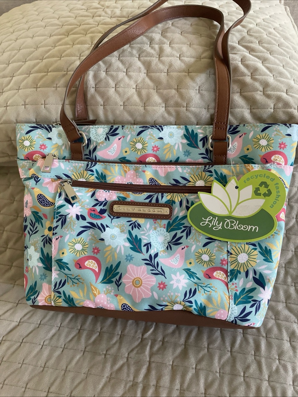 Lily Bloom Mint Multi Floral Tote with Brown Straps